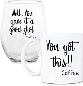 11 oz Coffee Mug and 15 oz Stemless Wine Glass Set