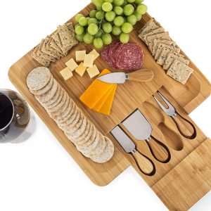 Bamboo Cheese Board Set, Cutlery In Slide-Out Drawer, Stainless Steel Serving Utensils