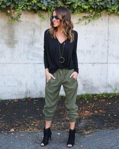 Black Bondage Boots Matched with Green Joggers