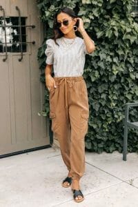 Black-Strapped Slides and Camel Tencel Joggers