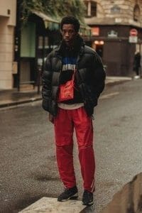 Double Red Sweatpants and Black Rubber Shoes