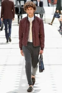 Maroon Leather Jacket Paired with Gray Sweatpants and Brown Loafers