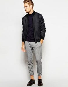 Men’s Charcoal Bomber Jacket Paired with Gray Sweatpants and Burgundy Leather Tassel Loafers