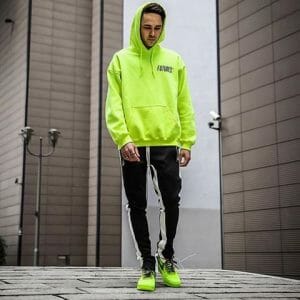 Neon Hoodie and Rubber Shoes Matched with White-Striped Black Sweatpants