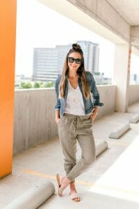 Nude Slide Sandals and Gray Jogger Pants