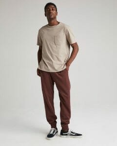 Wine Red Sweatpants with Neutral Shirt and Black Sneakers